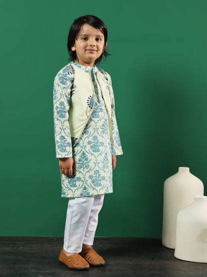 Boys Straight Style Cotton Fabric Cream Color Floral Printed Kurta And Pyjama With Jacket