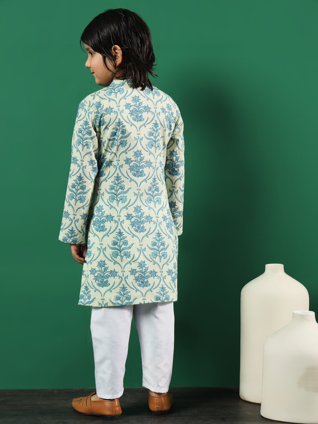 Boys Straight Style Cotton Fabric Cream Color Floral Printed Kurta And Pyjama With Jacket