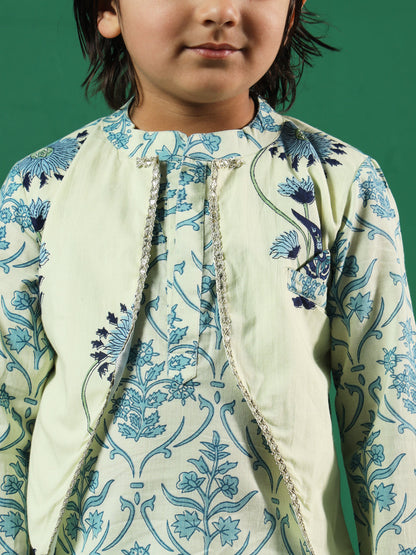 Boys Straight Style Cotton Fabric Cream Color Floral Printed Kurta And Pyjama With Jacket