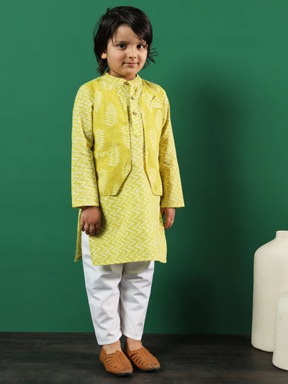 Boys Straight Style Cotton Fabric Lime Green Color Printed Kurta And Pyjama With Jacket