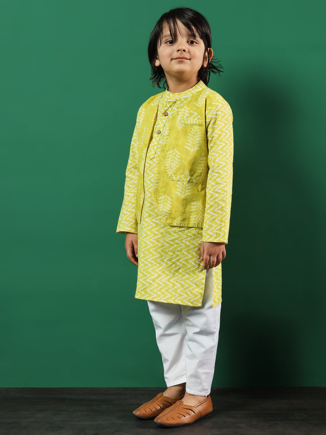 Boys Straight Style Cotton Fabric Lime Green Color Printed Kurta And Pyjama With Jacket