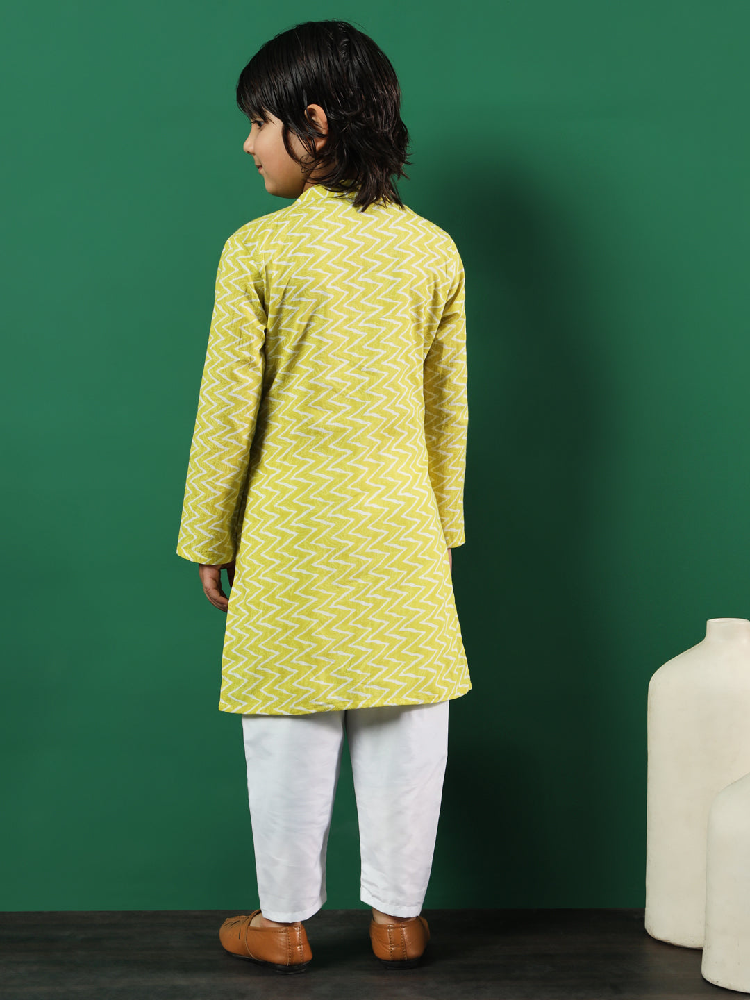 Boys Straight Style Cotton Fabric Lime Green Color Printed Kurta And Pyjama With Jacket