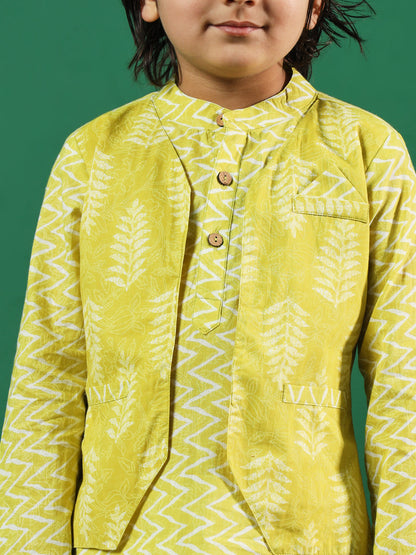 Boys Straight Style Cotton Fabric Lime Green Color Printed Kurta And Pyjama With Jacket