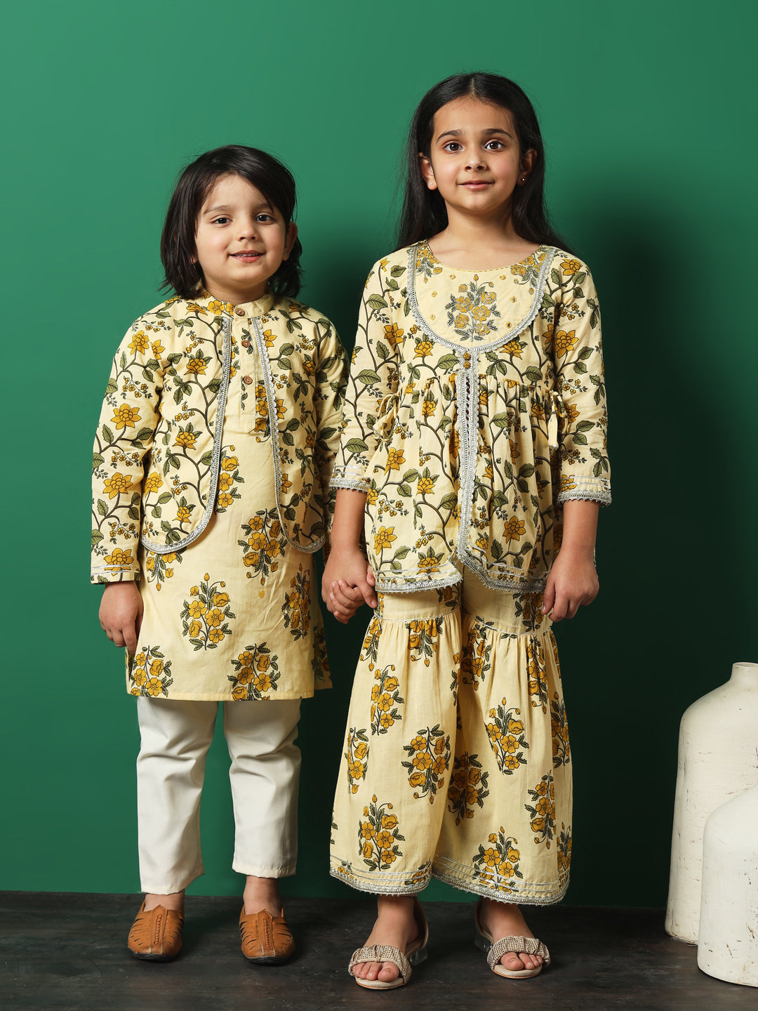 Boys Straight Style Cotton Fabric Beige Color Floral Printed Kurta And Pyjama With Jacket