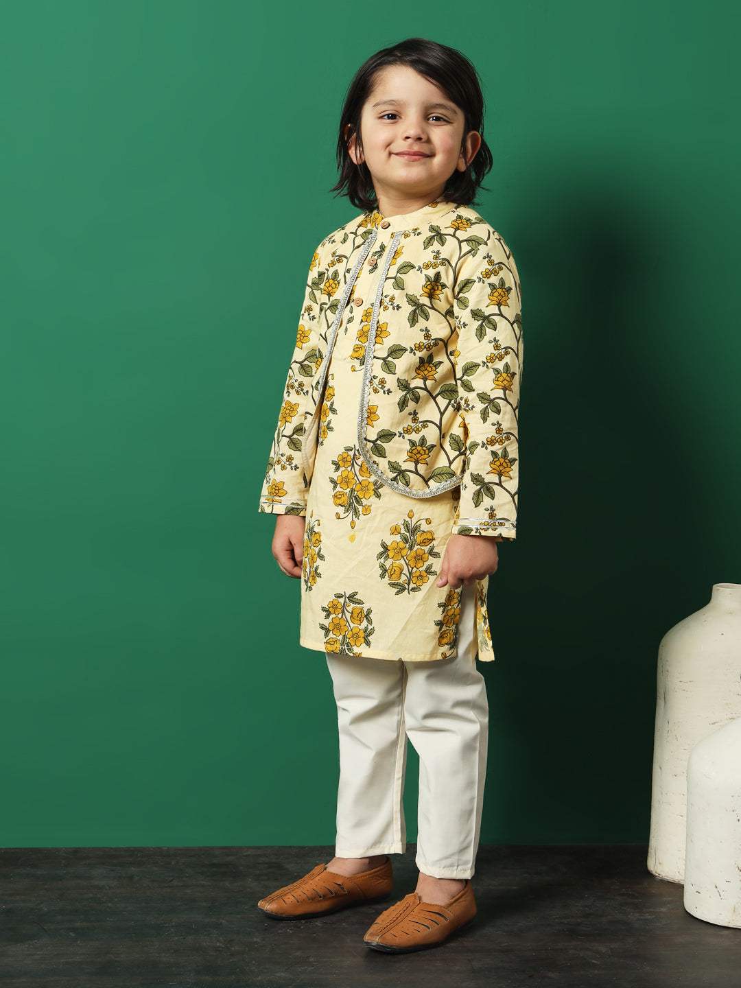 Boys Straight Style Cotton Fabric Beige Color Floral Printed Kurta And Pyjama With Jacket