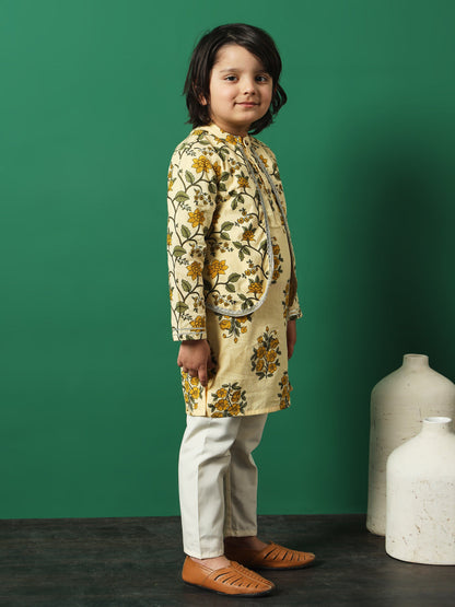 Boys Straight Style Cotton Fabric Beige Color Floral Printed Kurta And Pyjama With Jacket