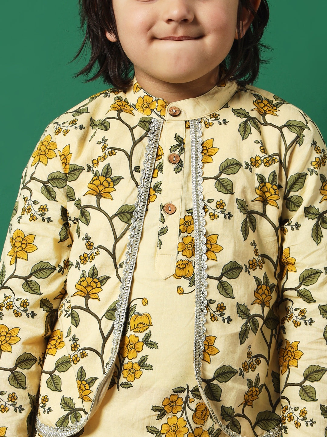 Boys Straight Style Cotton Fabric Beige Color Floral Printed Kurta And Pyjama With Jacket