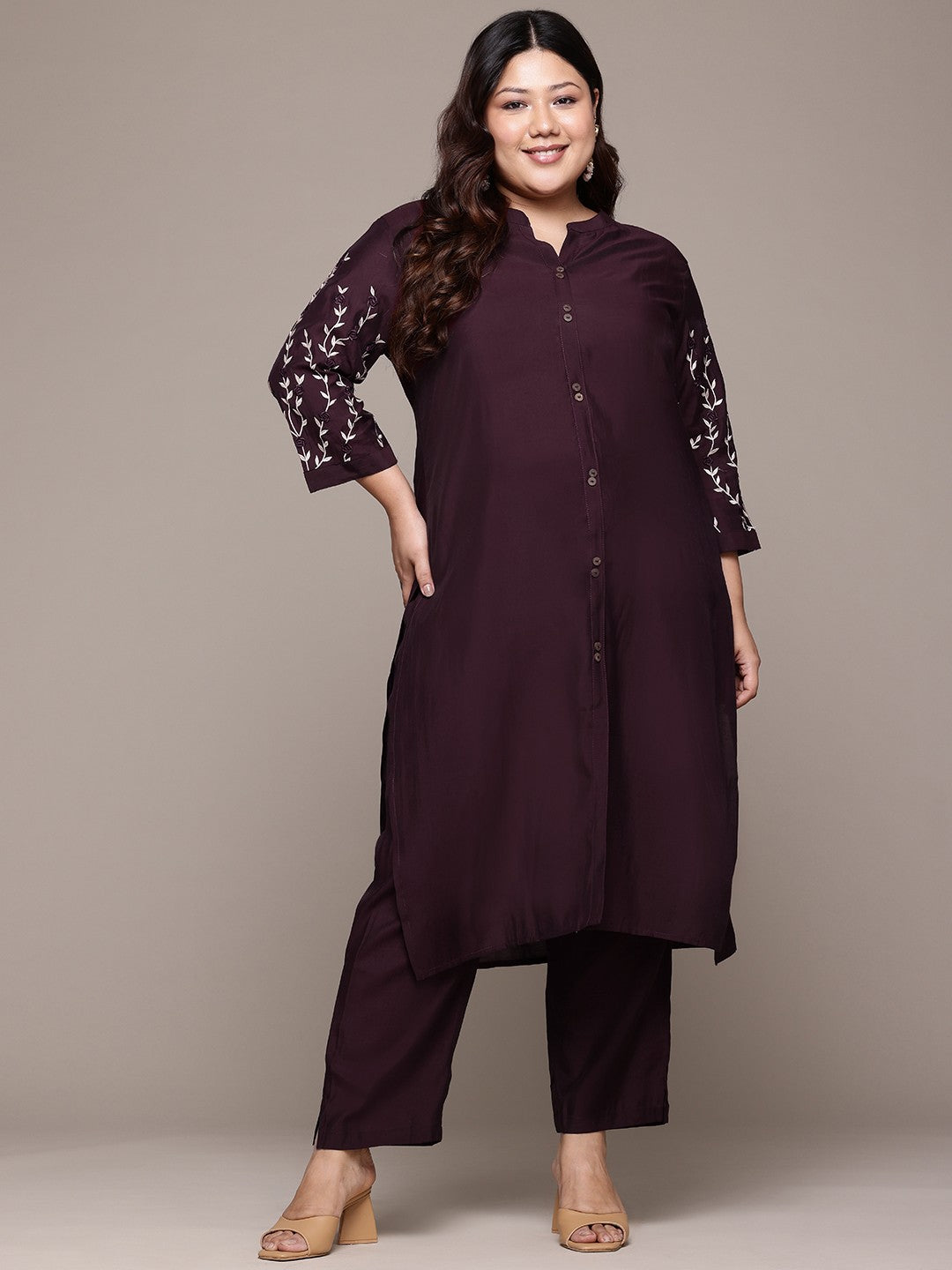 Straight Style Silk Fabric Violet Color Kurta And Bottom