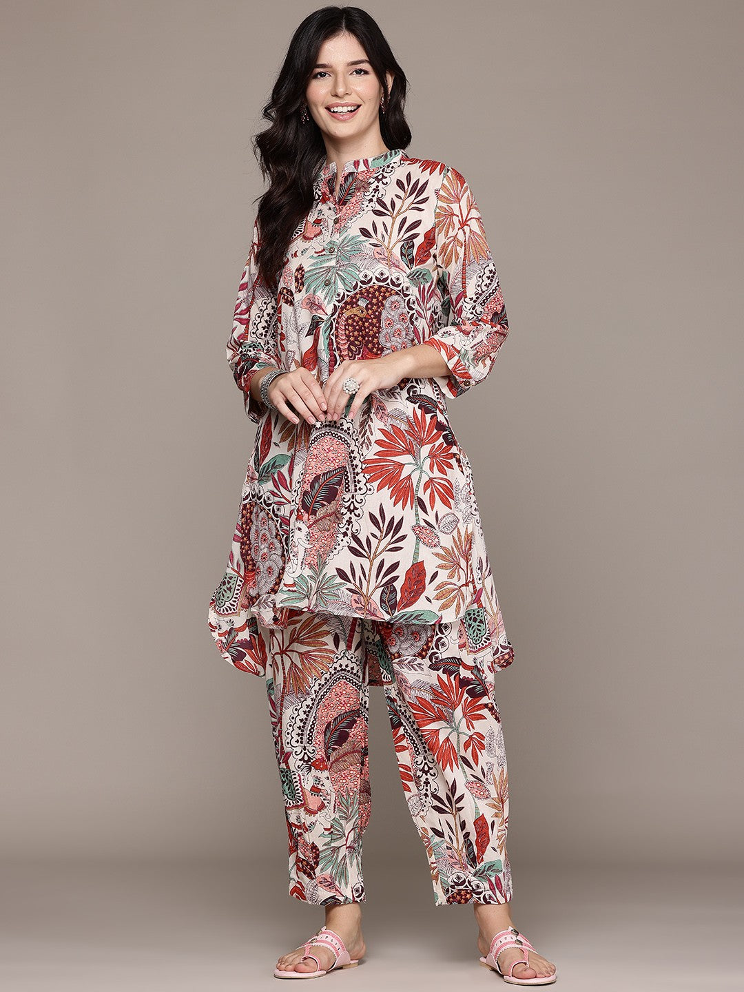 High-Low Style Cotton Fabric Multi Color Co-Ord Set