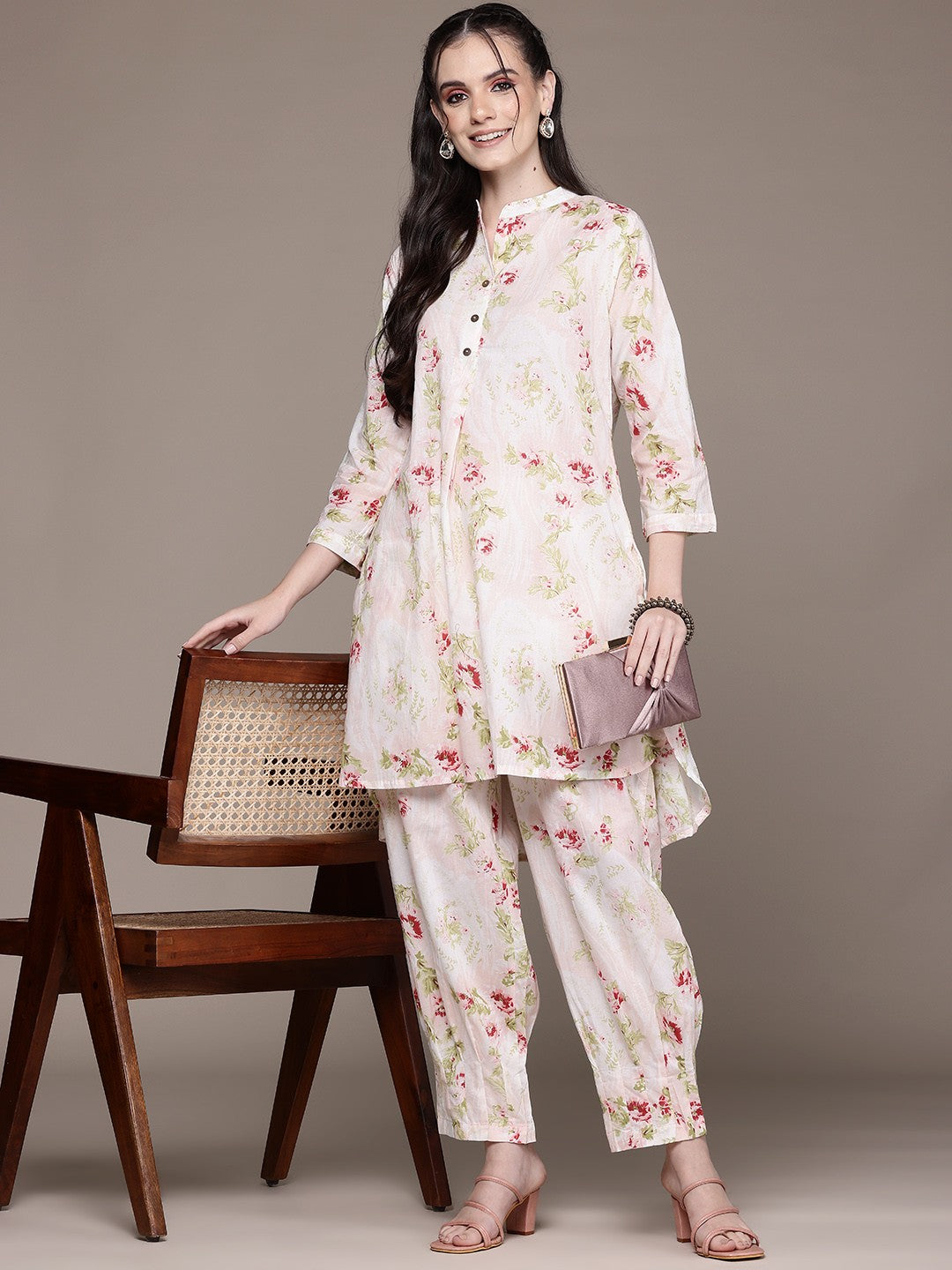 High-Low Style Cotton Fabric Peach Color Co-Ord Set