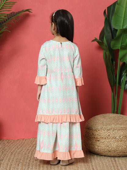 A Line Style Cotton Fabric Green Color Embroidered Kurti And Sharara