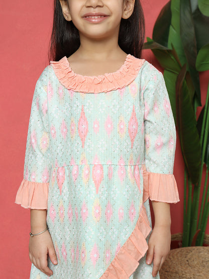 A Line Style Cotton Fabric Green Color Embroidered Kurti And Sharara