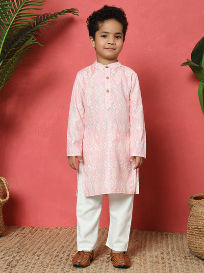 Boys Straight Style Cotton Fabric Pink Color Embroidered Kurta With Pyjama