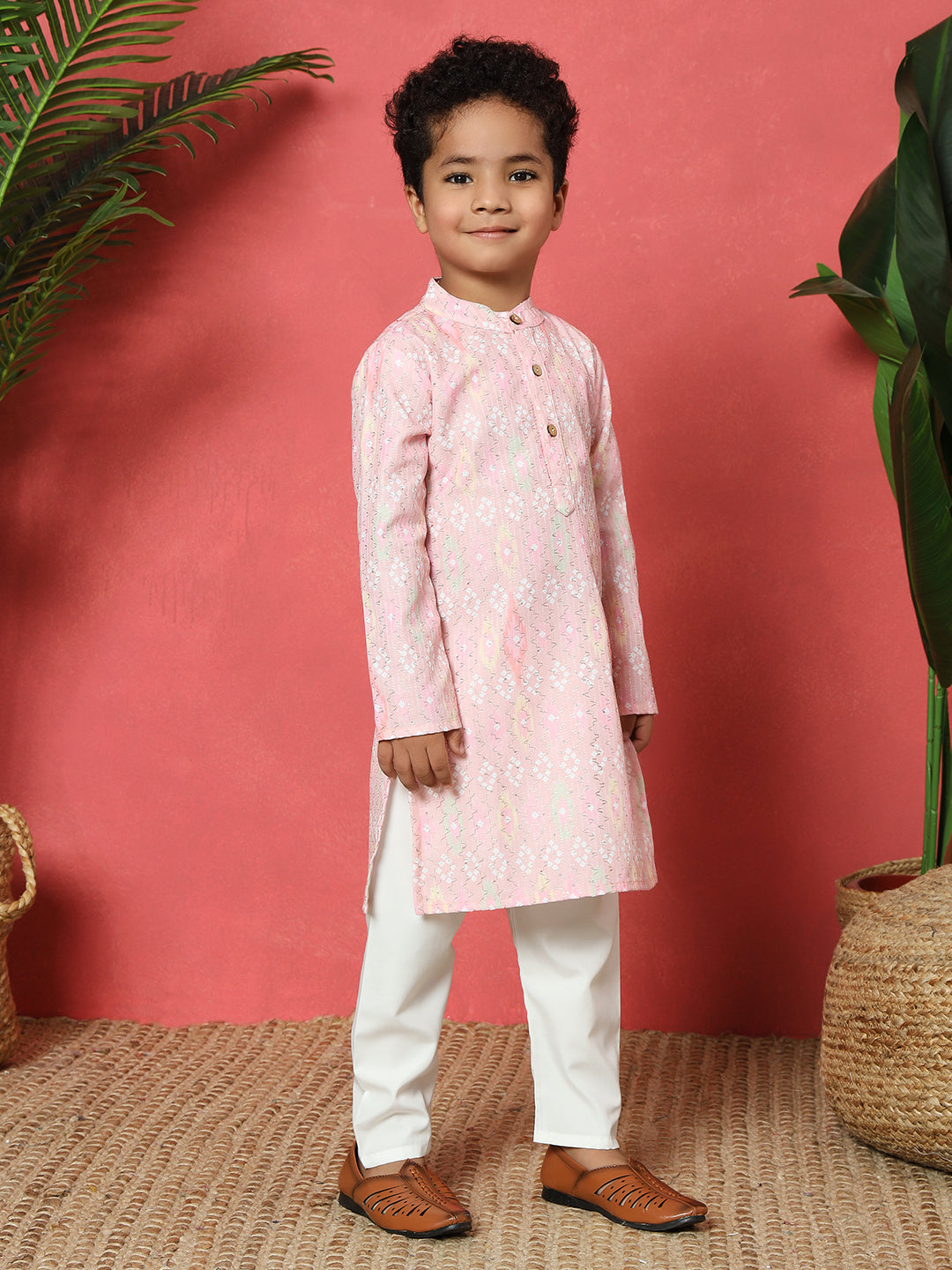 Boys Straight Style Cotton Fabric Pink Color Embroidered Kurta With Pyjama