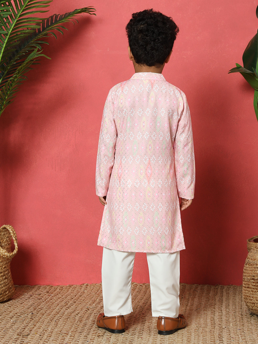 Boys Straight Style Cotton Fabric Pink Color Embroidered Kurta With Pyjama