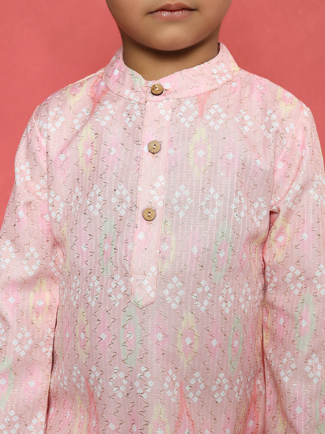 Boys Straight Style Cotton Fabric Pink Color Embroidered Kurta With Pyjama