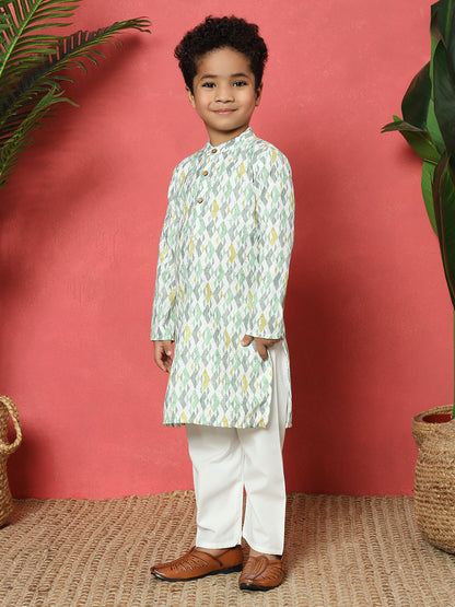 Boys Straight Style Cotton Fabric Green Color Embroidered Kurta With Pyjama