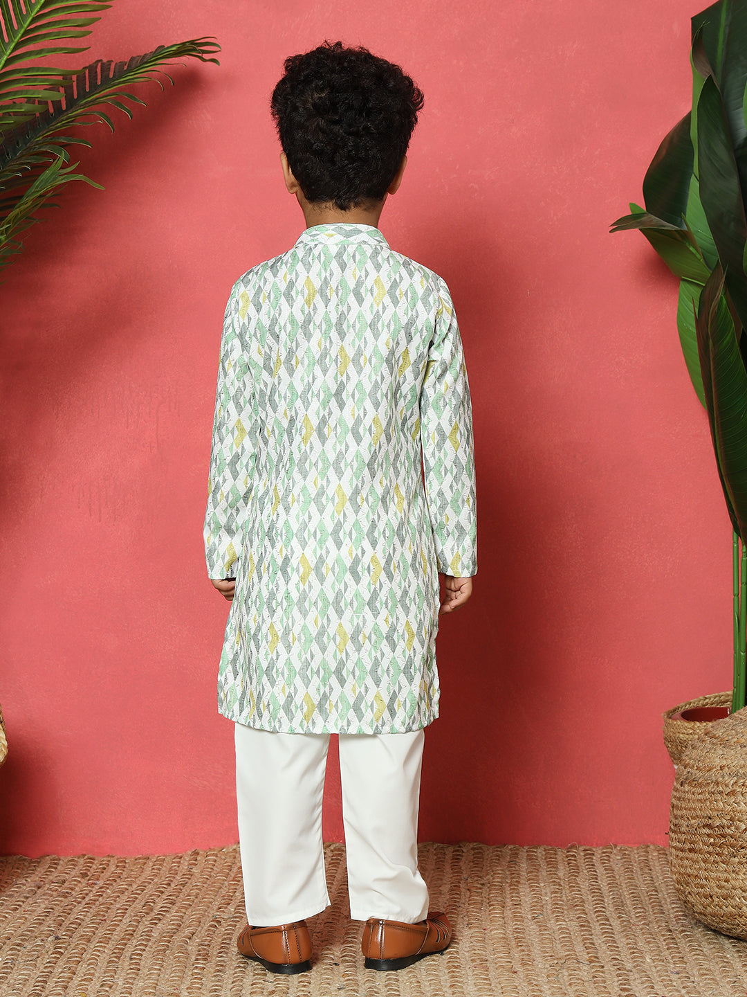 Boys Straight Style Cotton Fabric Green Color Embroidered Kurta With Pyjama