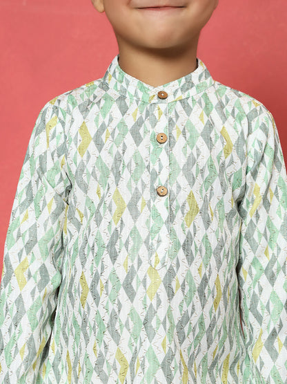 Boys Straight Style Cotton Fabric Green Color Embroidered Kurta With Pyjama