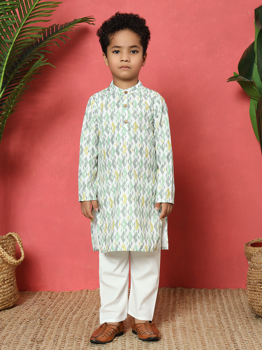 Boys Straight Style Cotton Fabric Green Color Embroidered Kurta With Pyjama