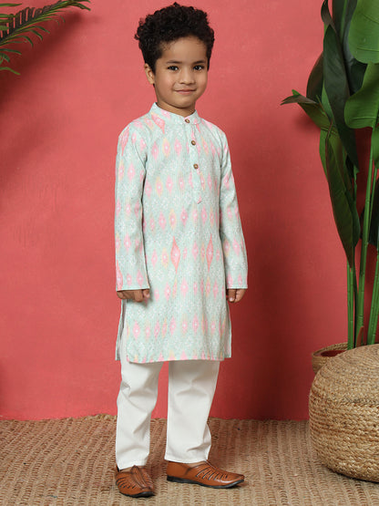 Boys Straight Style Cotton Fabric Green Color Embroidered Kurta With Pyjama