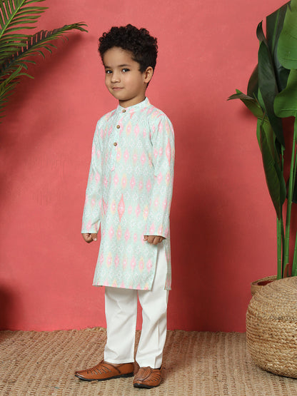 Boys Straight Style Cotton Fabric Green Color Embroidered Kurta With Pyjama