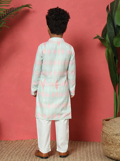 Boys Straight Style Cotton Fabric Green Color Embroidered Kurta With Pyjama