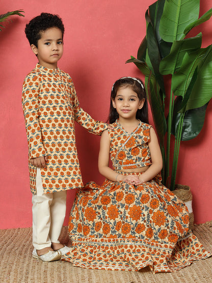 Boys Straight Style Cotton Fabric Orange Color Floral Printed Kurta With Cream Pyjama