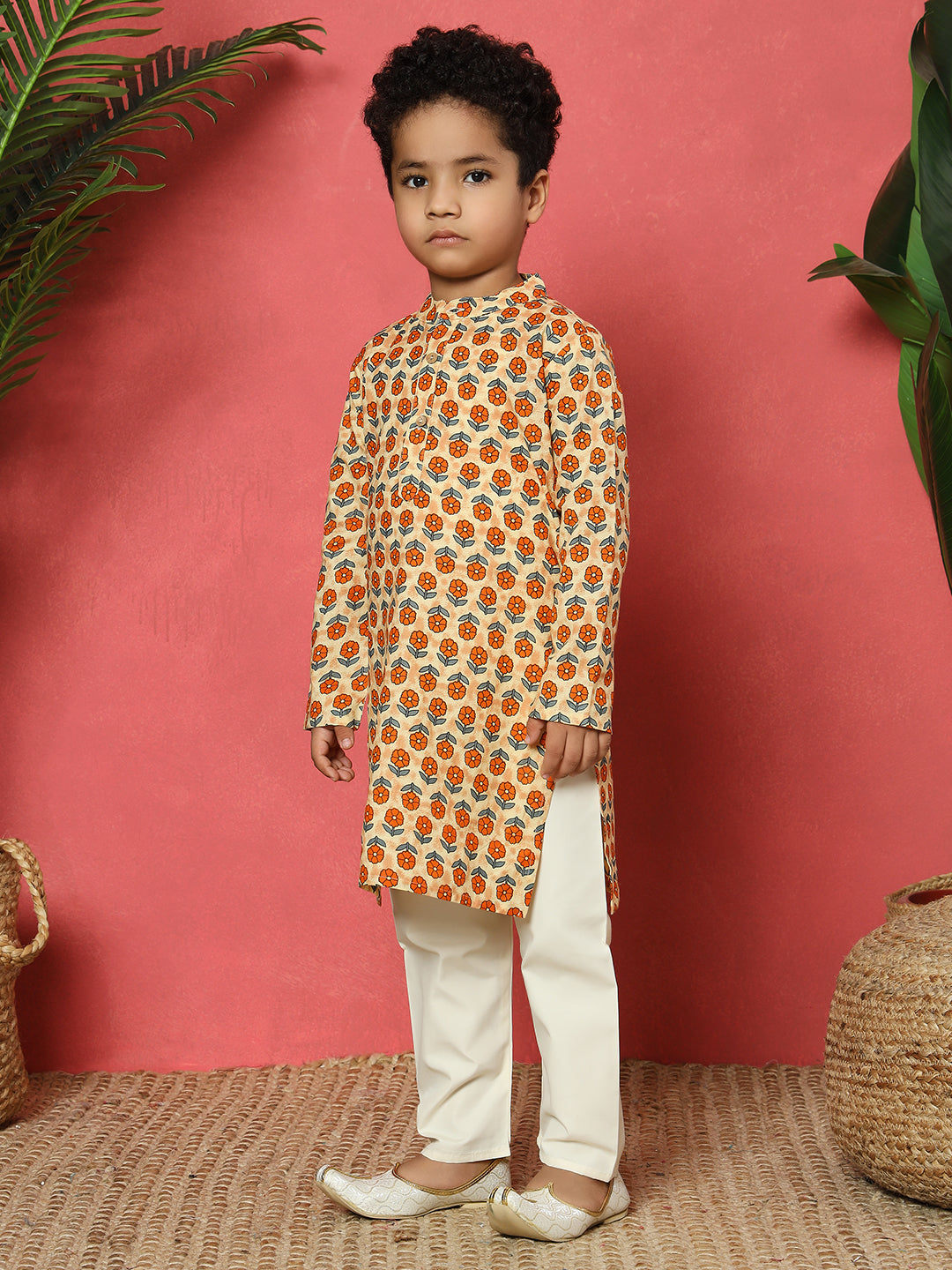 Boys Straight Style Cotton Fabric Orange Color Floral Printed Kurta With Cream Pyjama