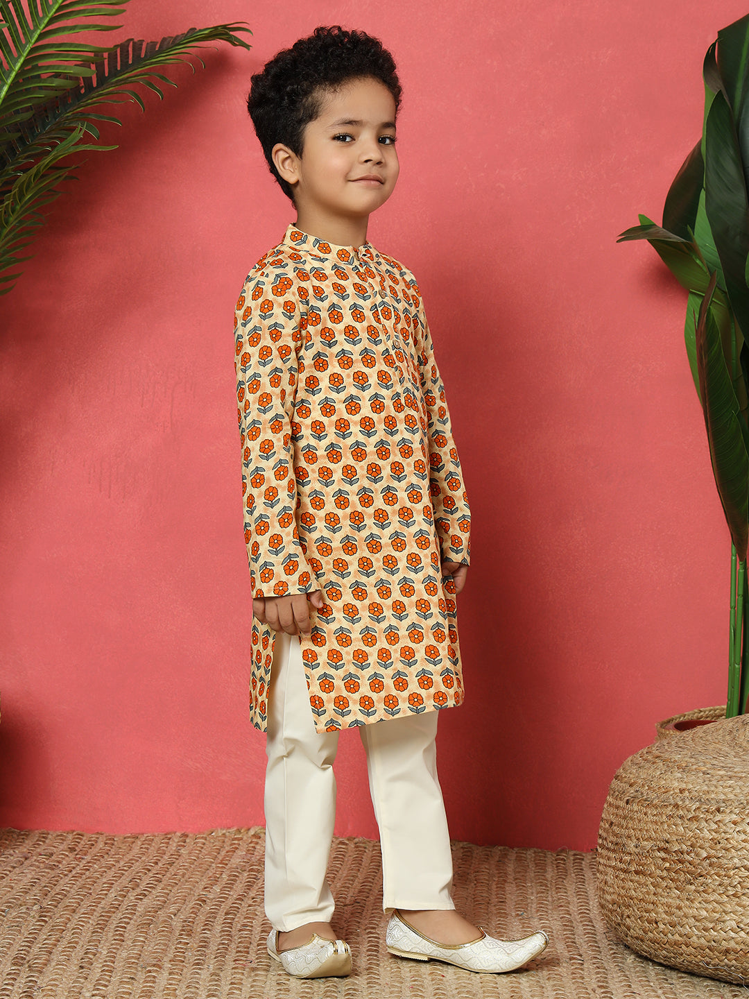 Boys Straight Style Cotton Fabric Orange Color Floral Printed Kurta With Cream Pyjama