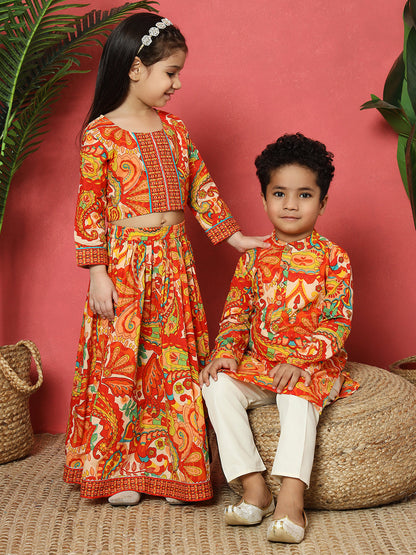 Boys Straight Style Cotton Fabric Orange And Red Color Floral Printed Kurta With Pyjama