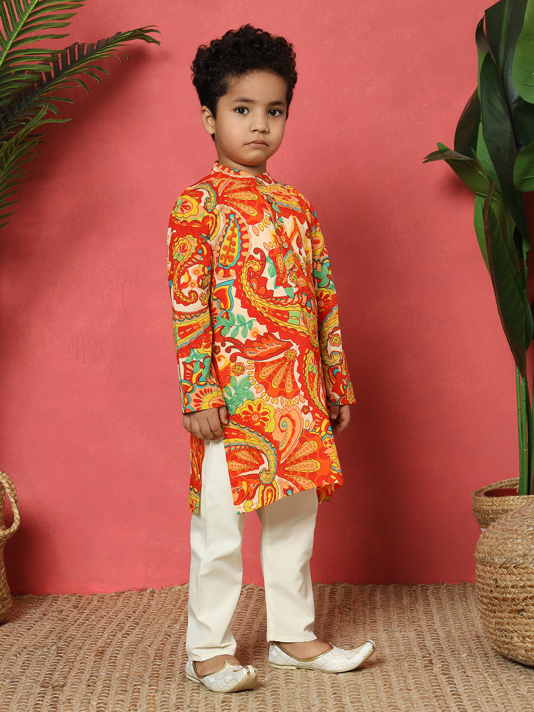 Boys Straight Style Cotton Fabric Orange And Red Color Floral Printed Kurta With Pyjama