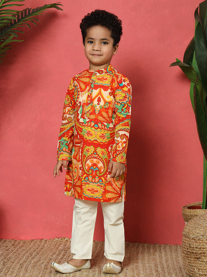 Boys Straight Style Cotton Fabric Orange And Red Color Floral Printed Kurta With Pyjama