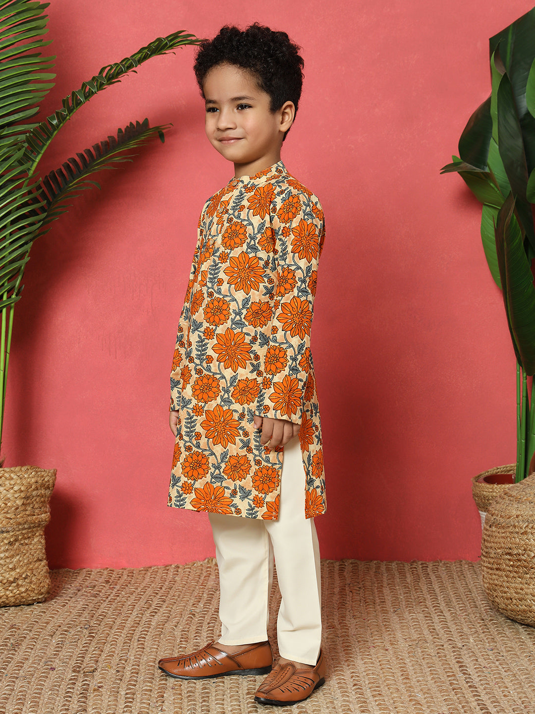 Boys Straight Style Cotton Fabric Orange Color Floral Printed Kurta With Pyjama