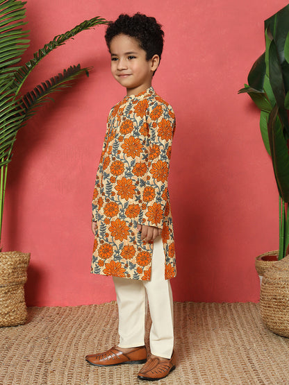 Boys Straight Style Cotton Fabric Orange Color Floral Printed Kurta With Pyjama