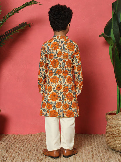 Boys Straight Style Cotton Fabric Orange Color Floral Printed Kurta With Pyjama