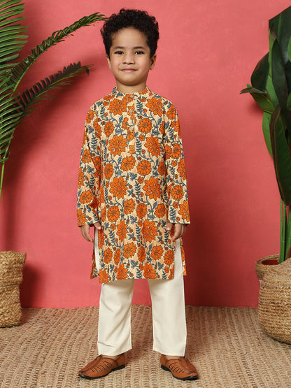 Boys Straight Style Cotton Fabric Orange Color Floral Printed Kurta With Pyjama