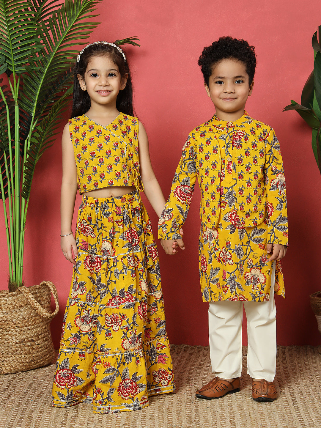 Boys Straight Style Cotton Fabric Mustard Color Floral Printed Kurta With Attached Jacket And Pyjama