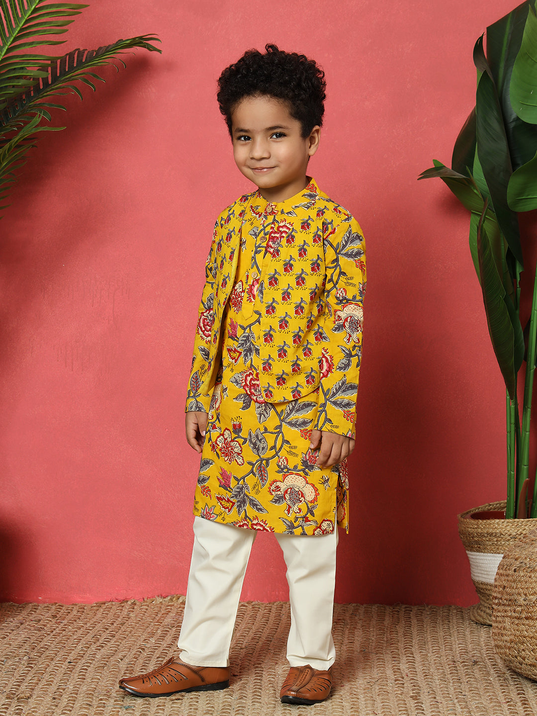 Boys Straight Style Cotton Fabric Mustard Color Floral Printed Kurta With Attached Jacket And Pyjama