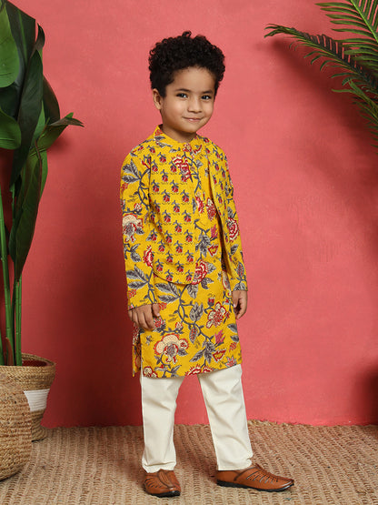 Boys Straight Style Cotton Fabric Mustard Color Floral Printed Kurta With Attached Jacket And Pyjama