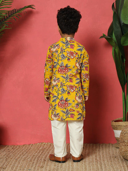 Boys Straight Style Cotton Fabric Mustard Color Floral Printed Kurta With Attached Jacket And Pyjama