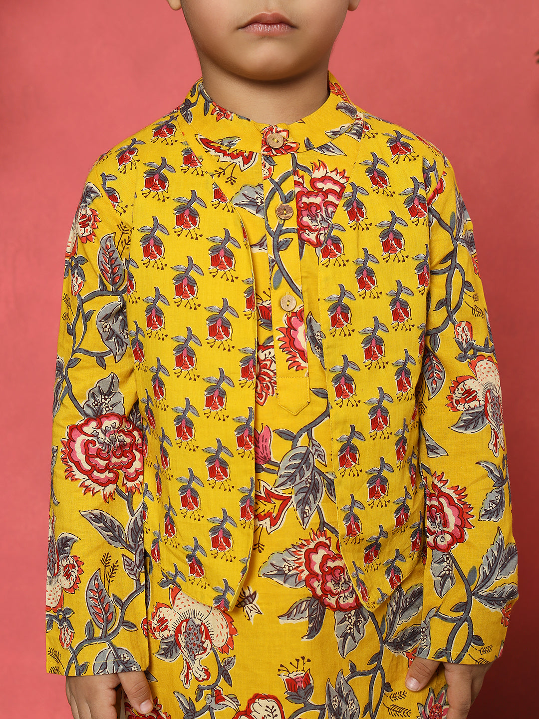 Boys Straight Style Cotton Fabric Mustard Color Floral Printed Kurta With Attached Jacket And Pyjama