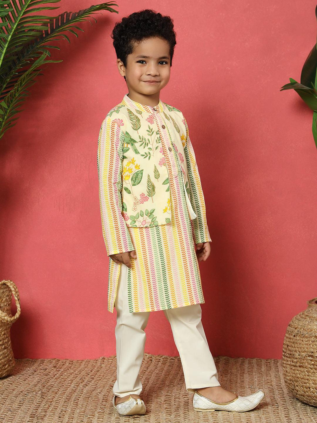 Boys Straight Style Cotton Fabric Cream Color Floral Printed Kurta With Attached Jacket And Pyjama