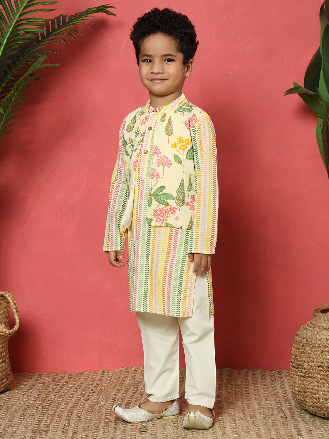 Boys Straight Style Cotton Fabric Cream Color Floral Printed Kurta With Attached Jacket And Pyjama