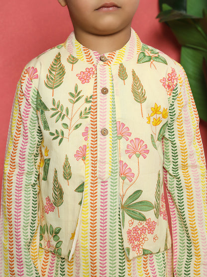 Boys Straight Style Cotton Fabric Cream Color Floral Printed Kurta With Attached Jacket And Pyjama