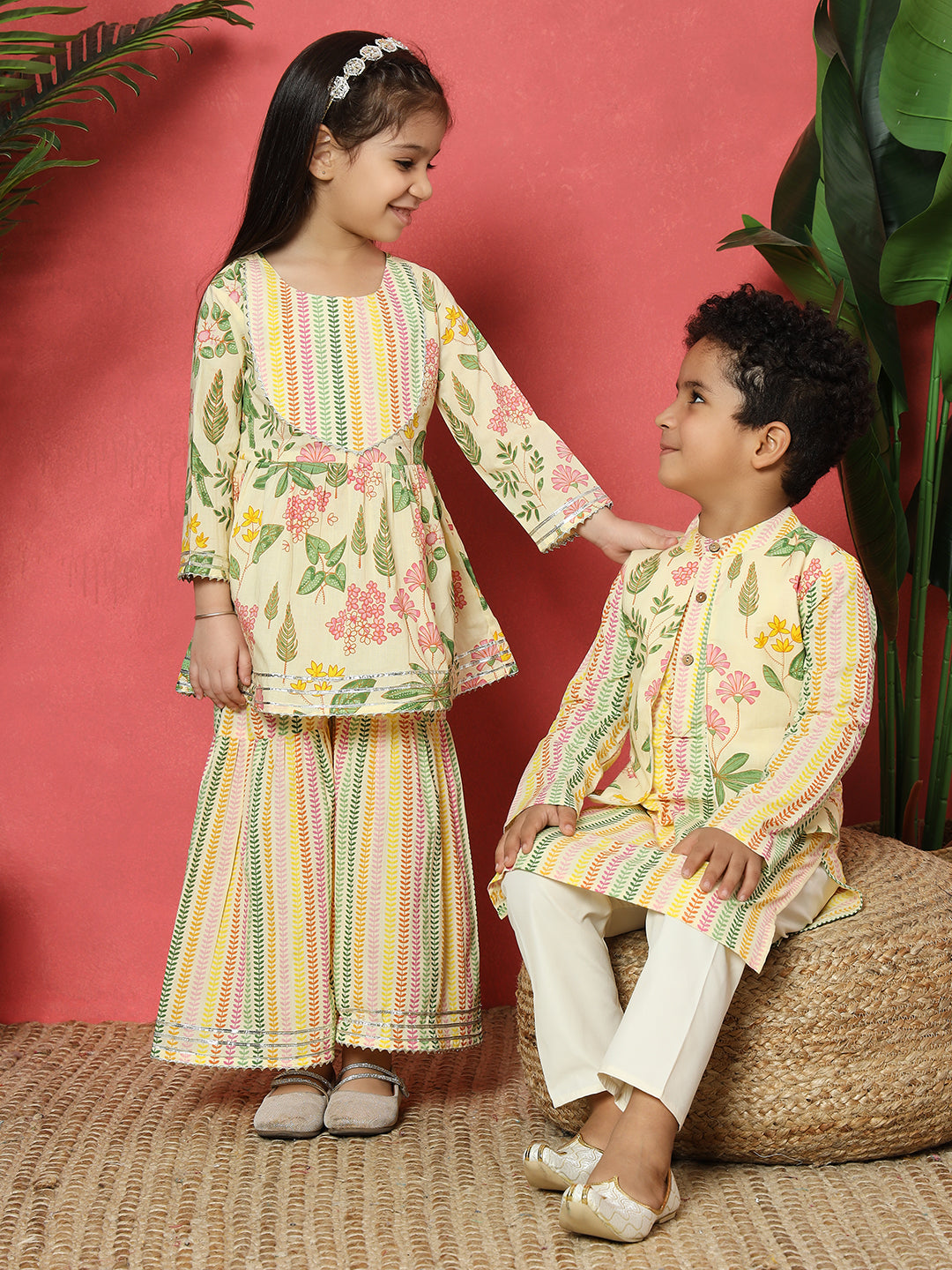 Boys Straight Style Cotton Fabric Cream Color Floral Printed Kurta With Attached Jacket And Pyjama