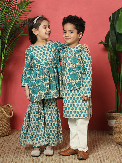 Boys Straight Style Cotton Fabric Turquoise Blue Color Floral Printed Kurta With Attached Jacket And Pyjama