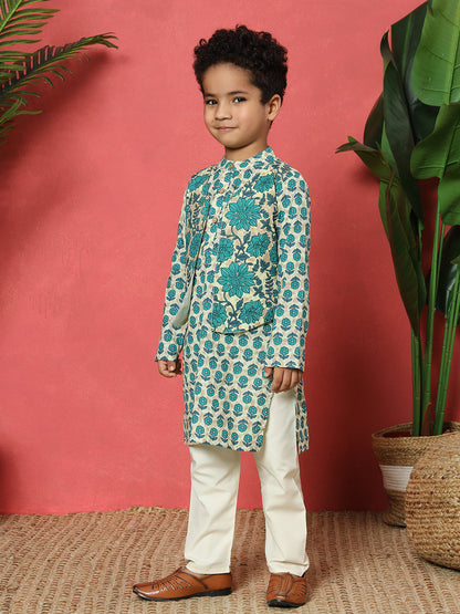 Boys Straight Style Cotton Fabric Turquoise Blue Color Floral Printed Kurta With Attached Jacket And Pyjama