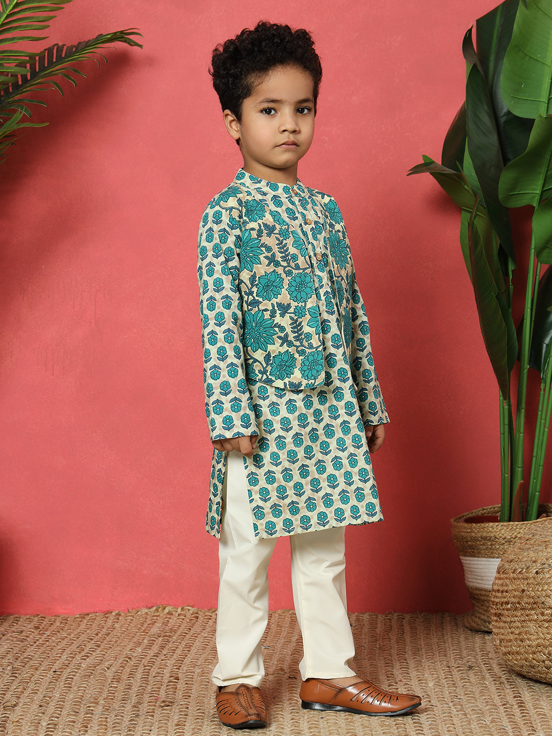 Boys Straight Style Cotton Fabric Turquoise Blue Color Floral Printed Kurta With Attached Jacket And Pyjama