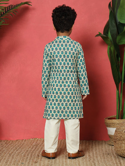 Boys Straight Style Cotton Fabric Turquoise Blue Color Floral Printed Kurta With Attached Jacket And Pyjama